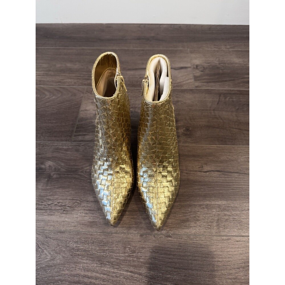INC Raisie Gold Woven Dress Booties Women 6M 36.5 Pointed Toe Metallic Heels